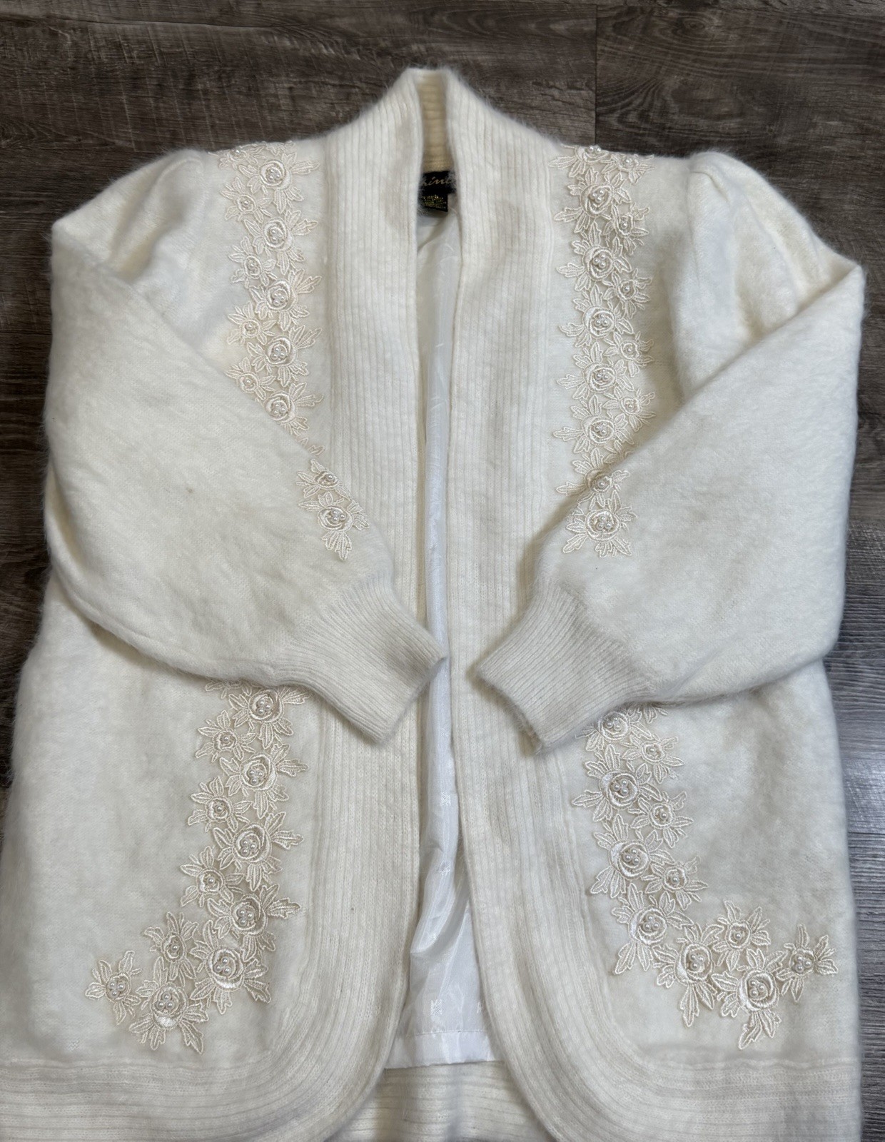 CARINA Vintage 80’s Angora Rabbit Coat Floral Beaded Cardigan Large Soft Cottage