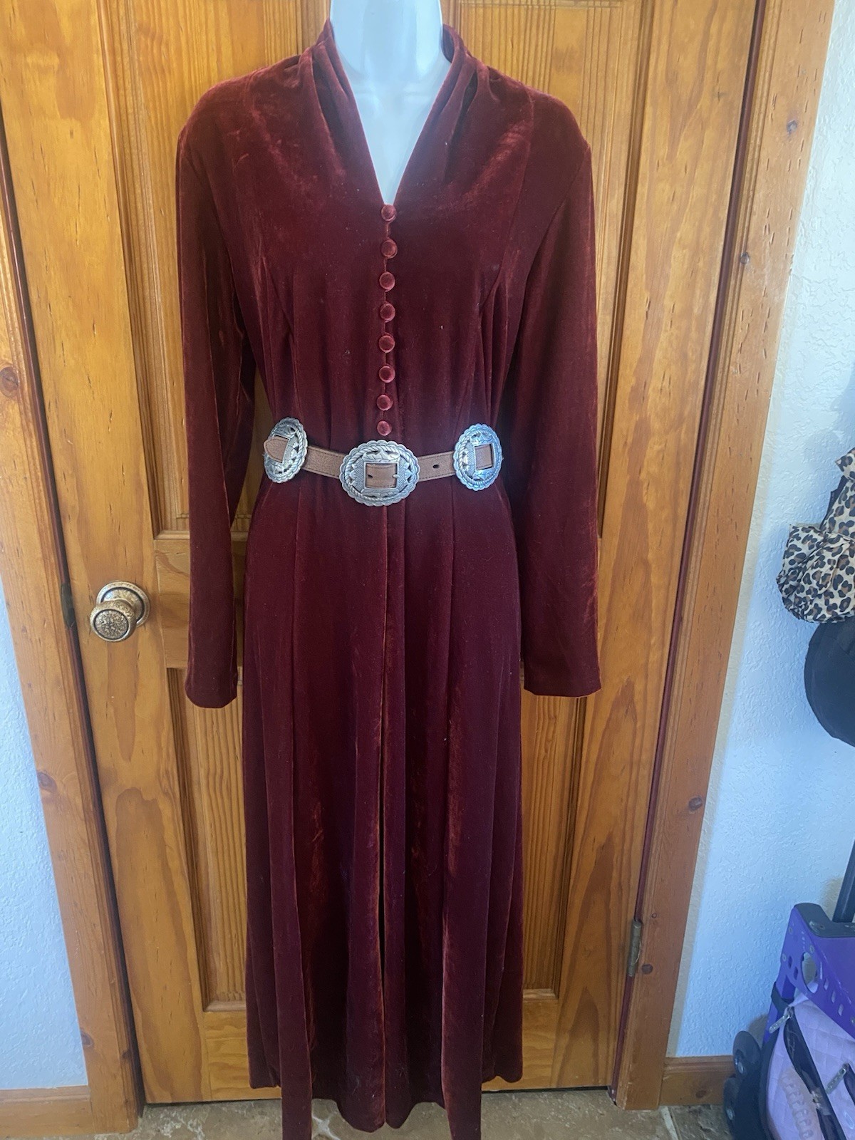 Vtg 90s Coldwater Creek Wine Button Front Stretch Velvet Maxi Western Dress Med
