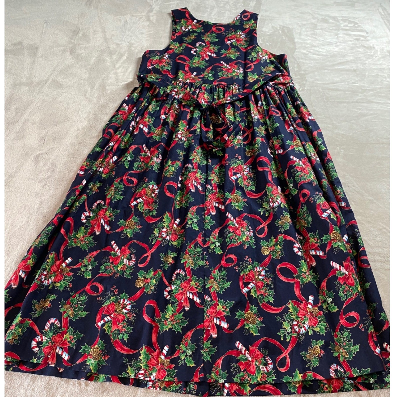 Vintage Dogwood Lane Christmas Dress Womens Medium Navy Blue Novelty Button Midi