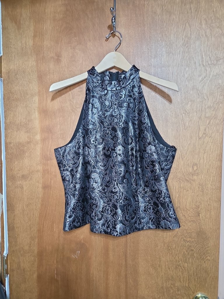 Michaelangelo Halter Top Black Silver Metallic Floral Brocade Vintage Crop