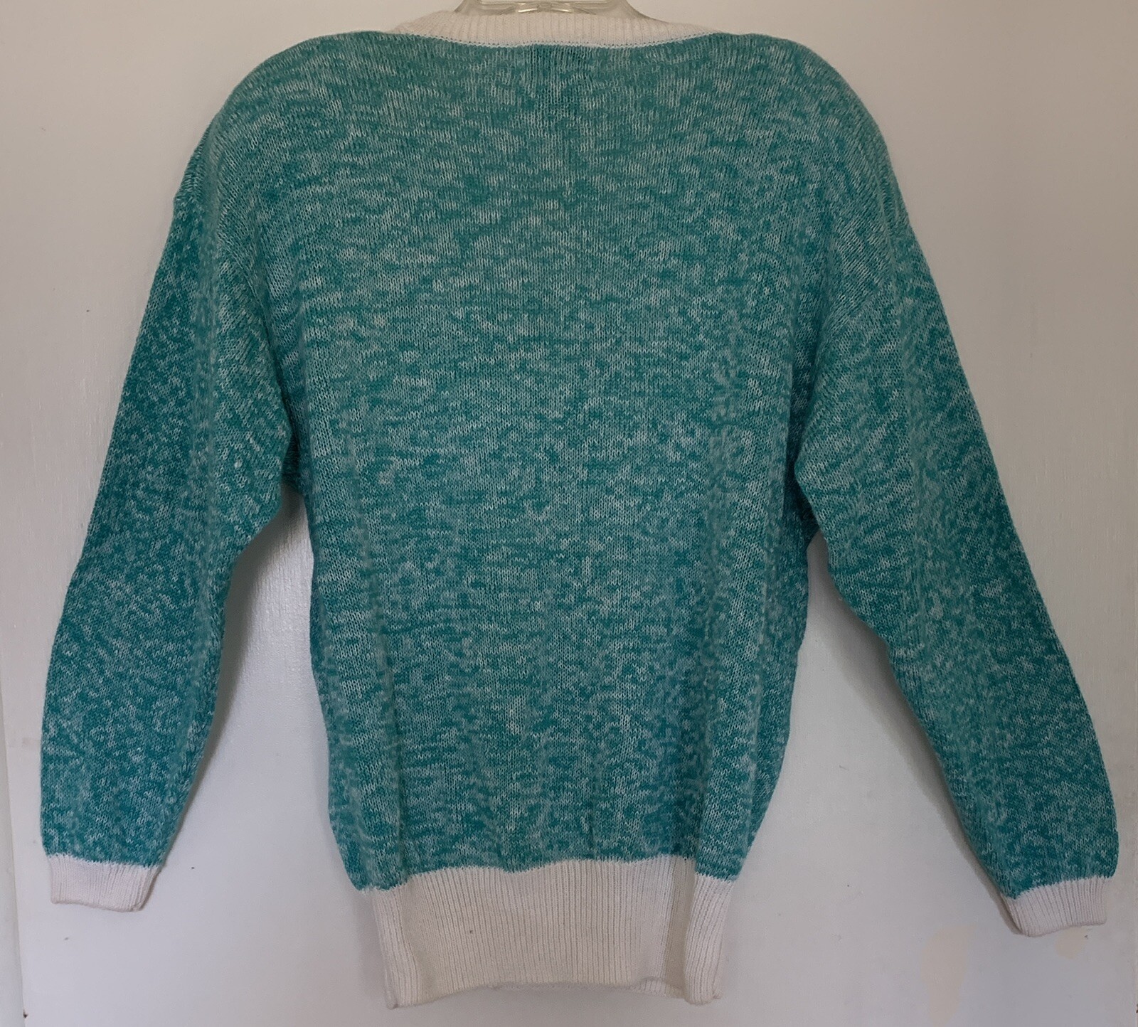 Vintage 80’s Teal & White Embellished Sweater w/Shoulder Pads By Pierre Lamonte