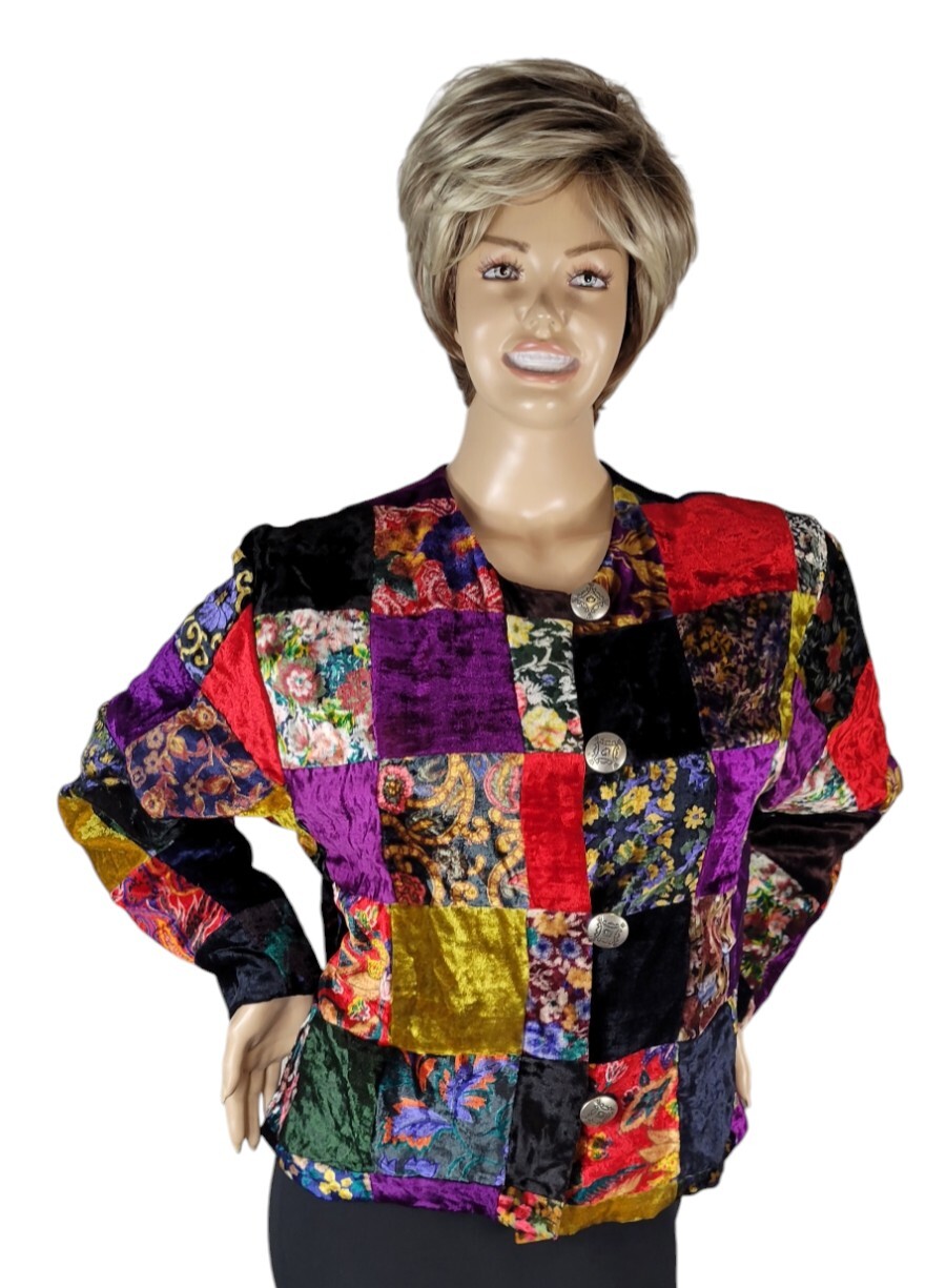 Vintage 90s Banjo Dallas Tx Colorful Patchwork Color Block Velvet Boho Jacket XL