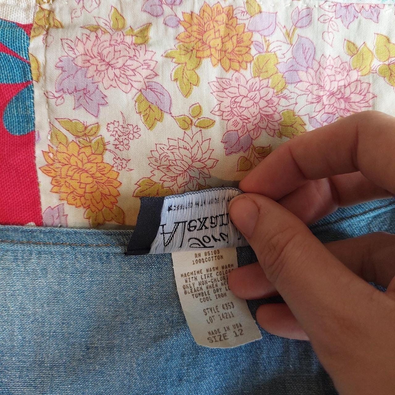 Vintage 100% cotton denim top with brown embroidered floral details.