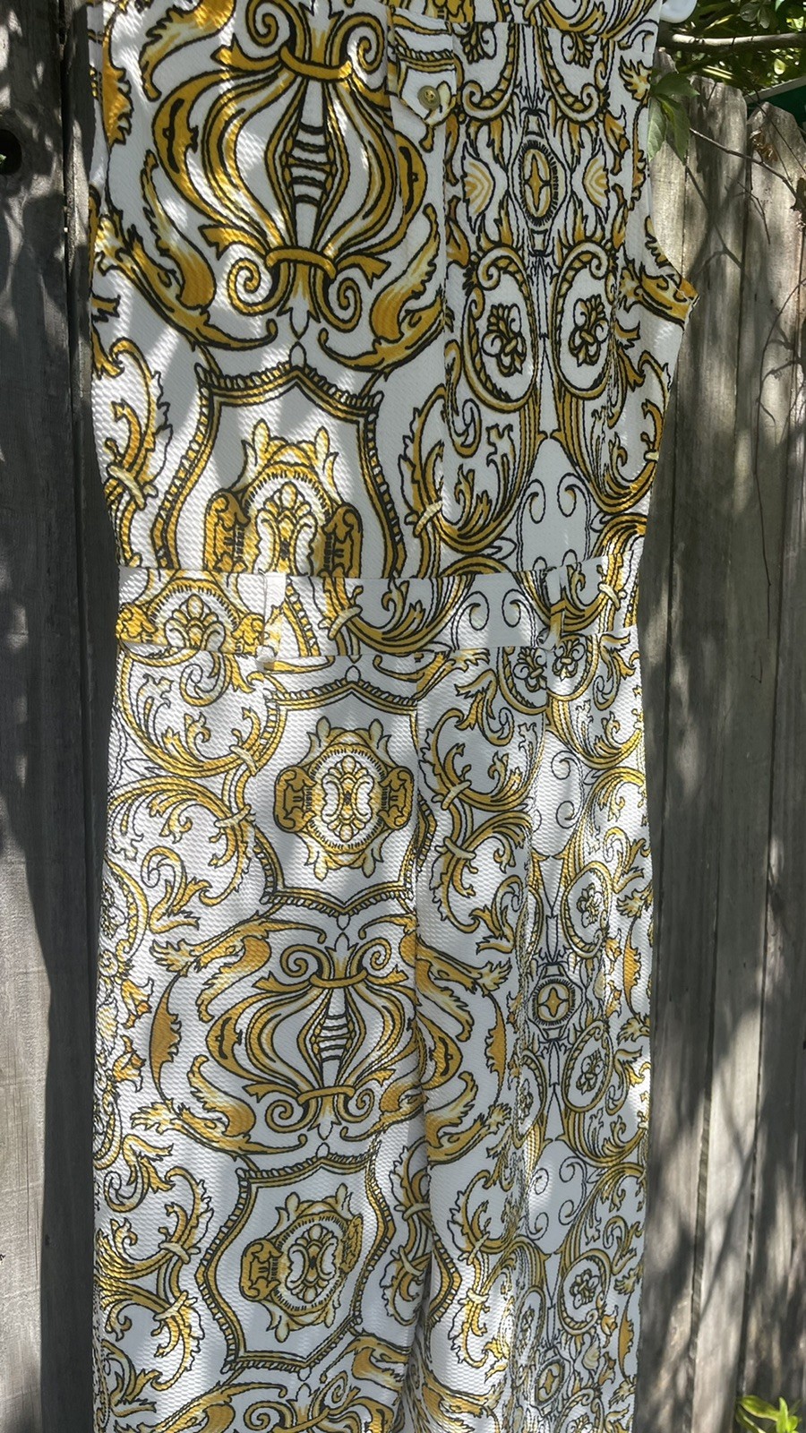 Vintage 70s Jumpsuit Wide Leg Palazzo Gold Psychedelic Baroque print – size M