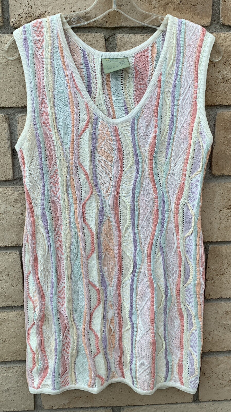 Vintage Coogi Australia 3D Knit Sweater Mini Dress Pastel Multicolor Womens L