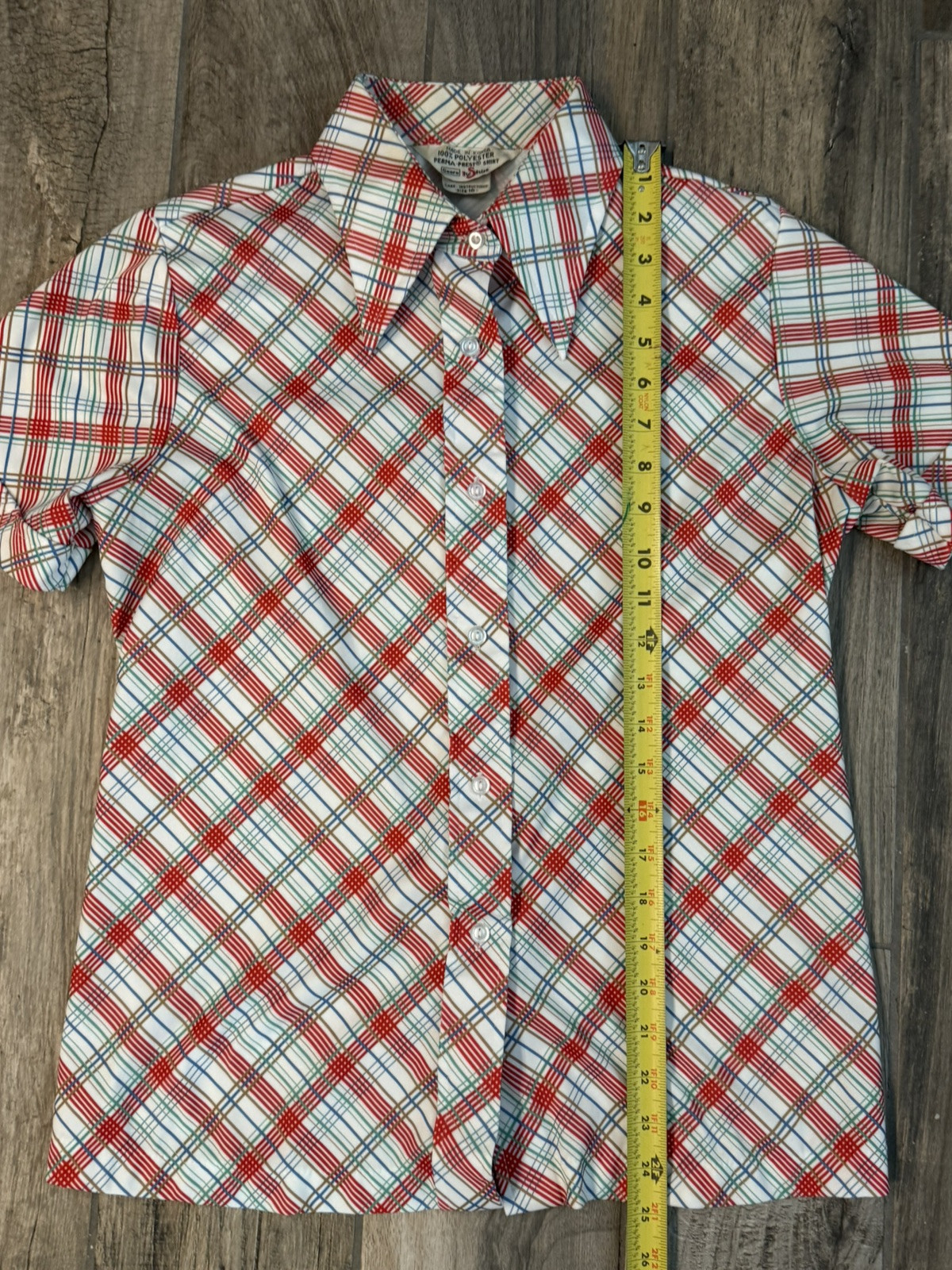 Rare Vintage 1960s70s Sears Perma Prest Shirt-Red, White, Blue Plaid W Med 16