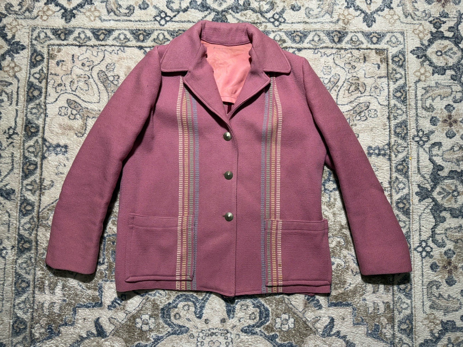 VTG 50s Lasso Western Wear Chimayo Wool Hand Woven Purple Pink Coat 22×26