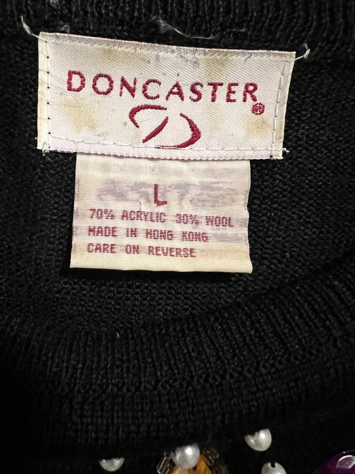 VTG Doncaster Sweater Women LG Black Bedazzled Neckline Wool Blend Castlecore