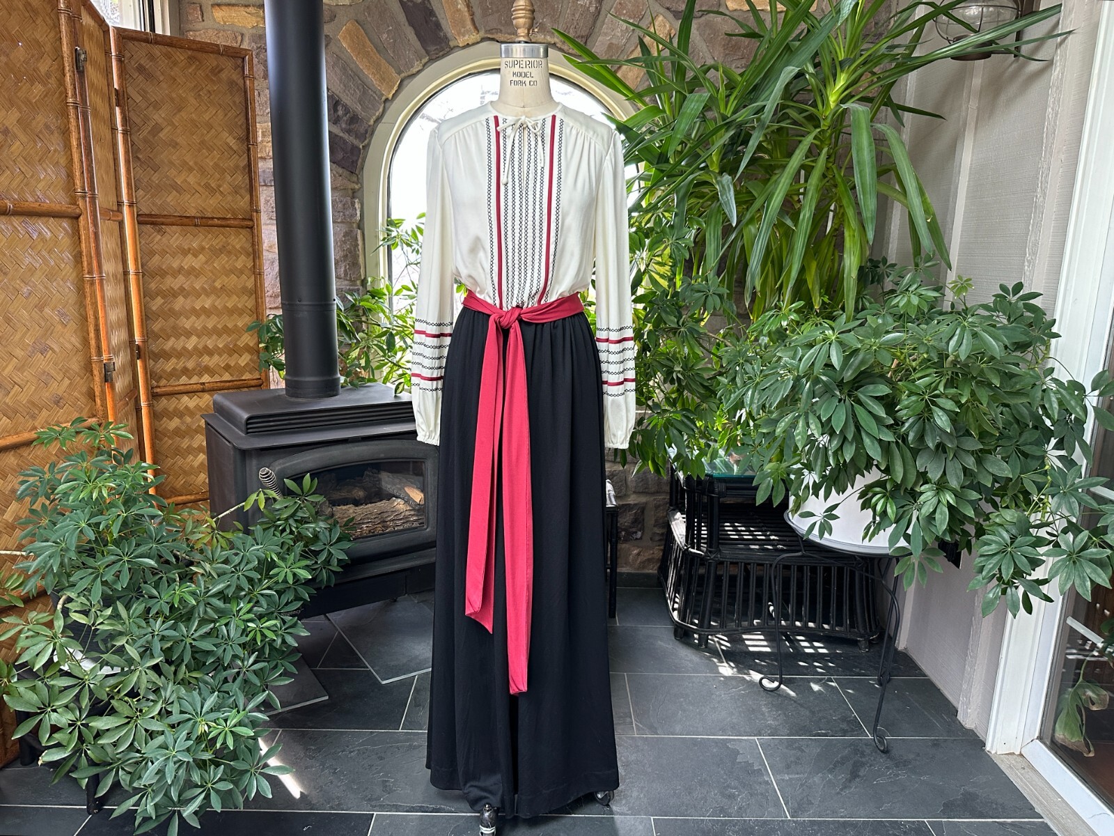 Vintage 1970s Ivory Black and Rust Knit Peasant Maxi Dress Ayres Unlimited