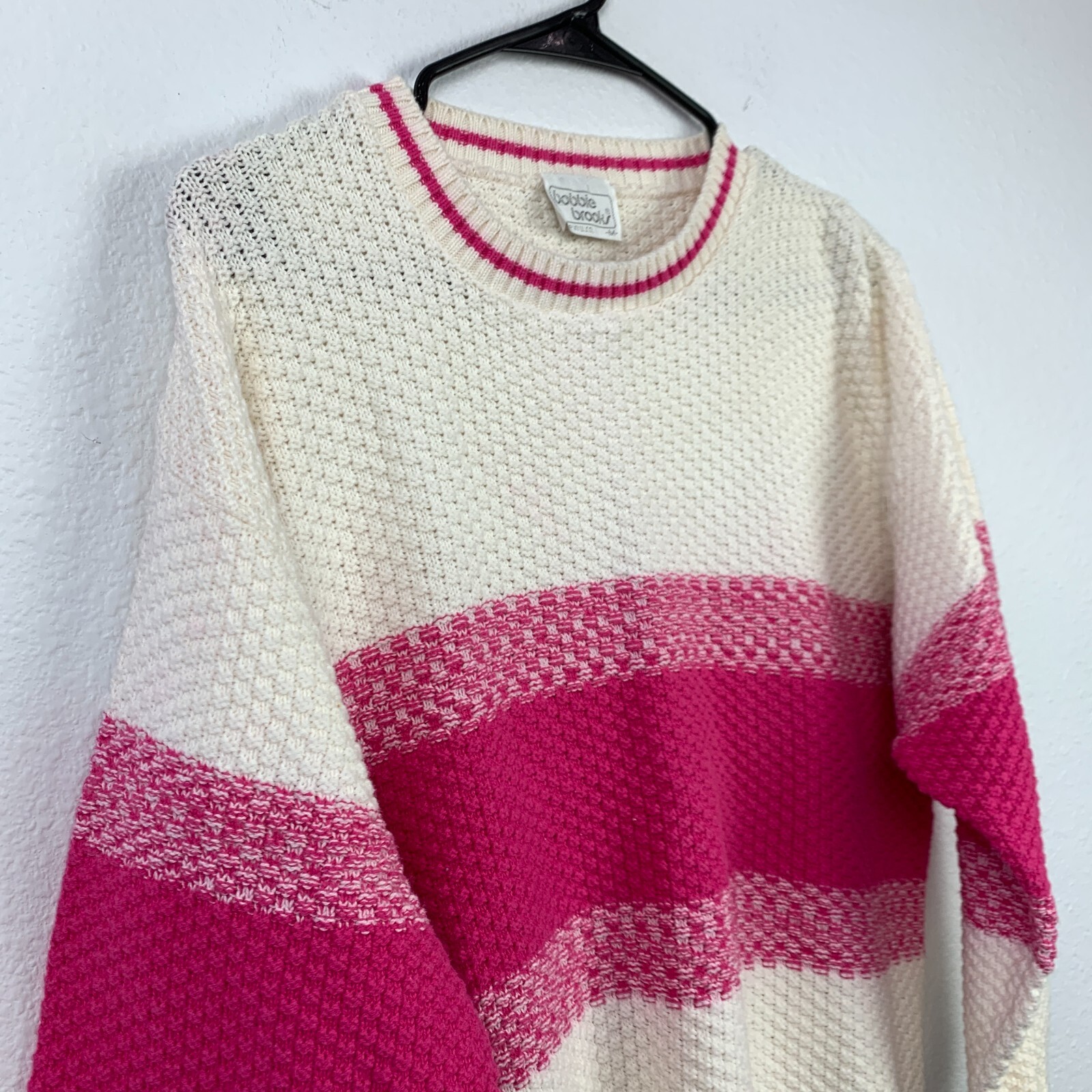 Vintage 90s Bobbie Brooks Pink Off White Knit Sweater Medium Made in USA
