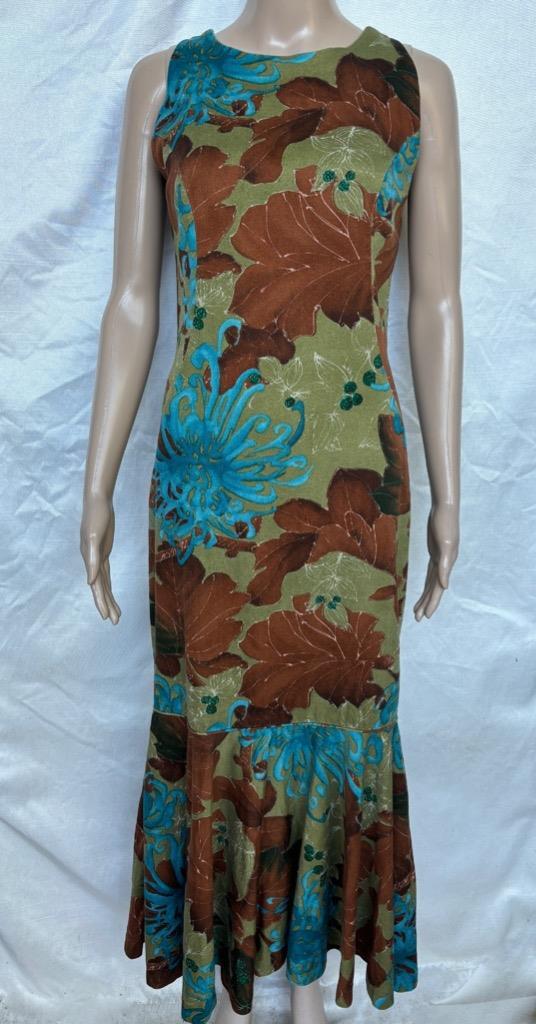 Malahini Hawaii Sheath Aloha Dress Trumpet Flared Ruffle Hem Tropical Barkcloth
