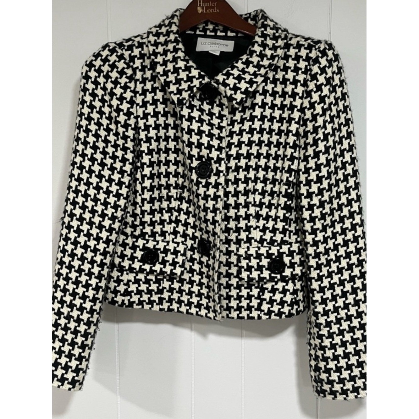 Liz Claiborne Houndstooth Cropped Blazer Jacket Sz 4 Black White VTG Career Chic