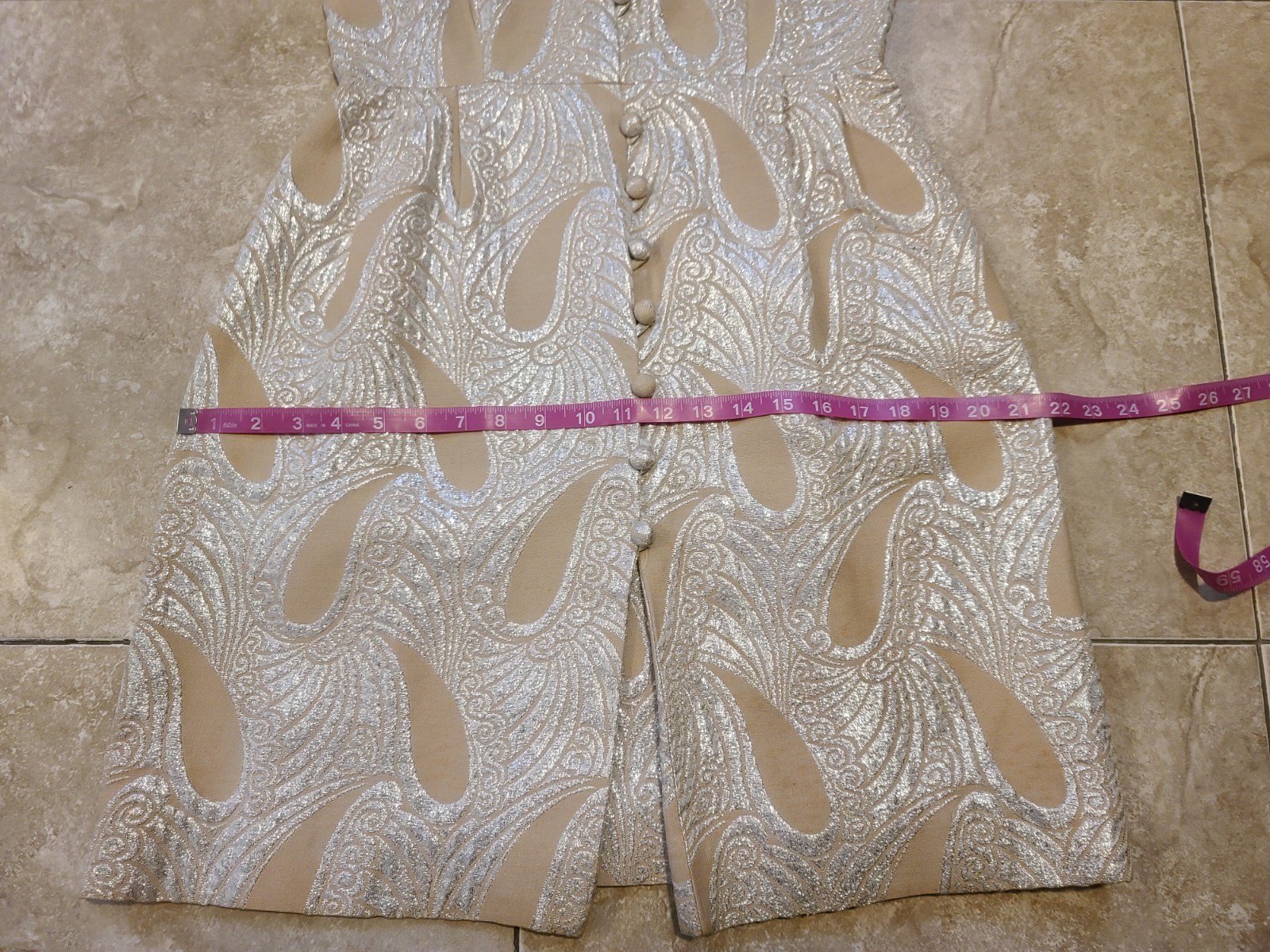 VTG MOD 60 Eve Le Coq Tan Metallic Silver Lame Brocade Paisley Dress Women’s S-M