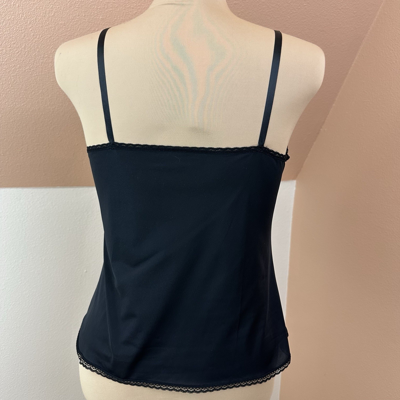 Vintage 90s Y2K Vanity Fair Black Nylon Lace Trim Camisole Made in USA Sz Medium