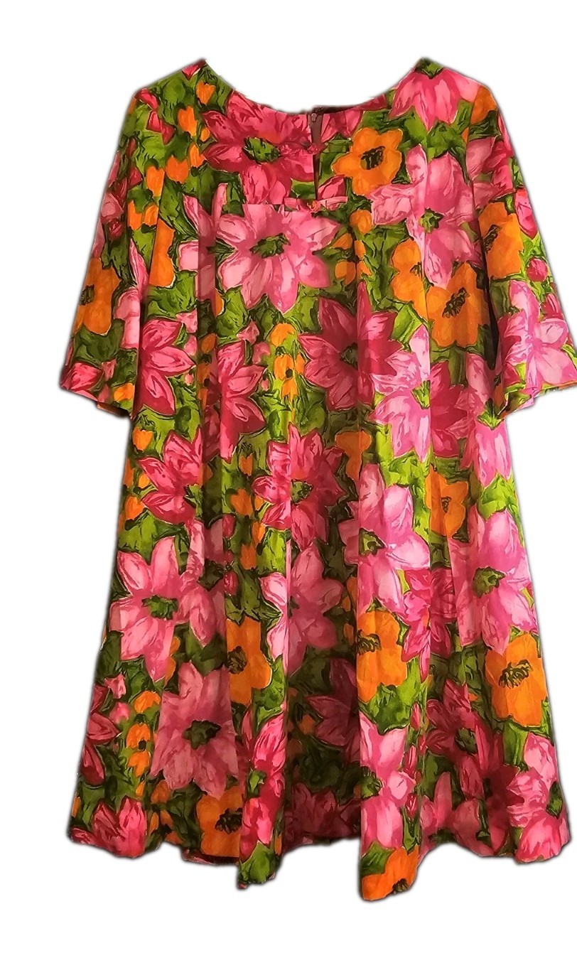 Vintage Liberty House Hawaii Pink Orange Floral Shift Dress Made in Hawaii L