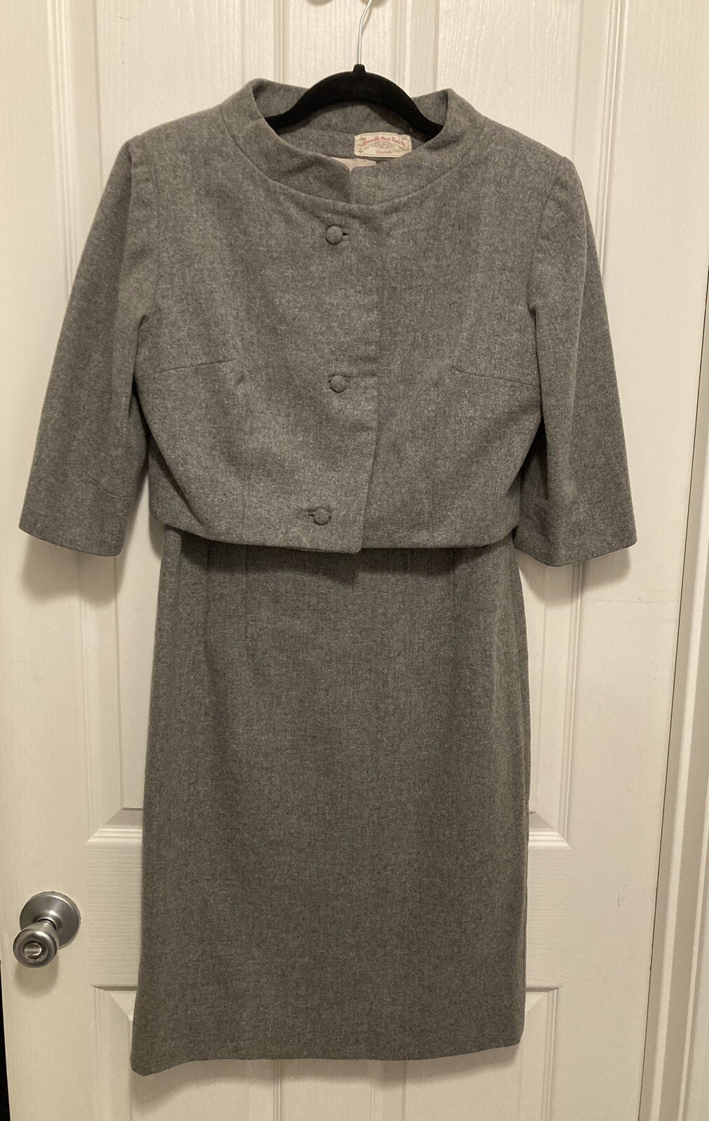 Vtg 50-60’s Gray Wool 2 Pc Dress 1/2 Sleeve Crop Jacket HandMade By Elizabeth Sm