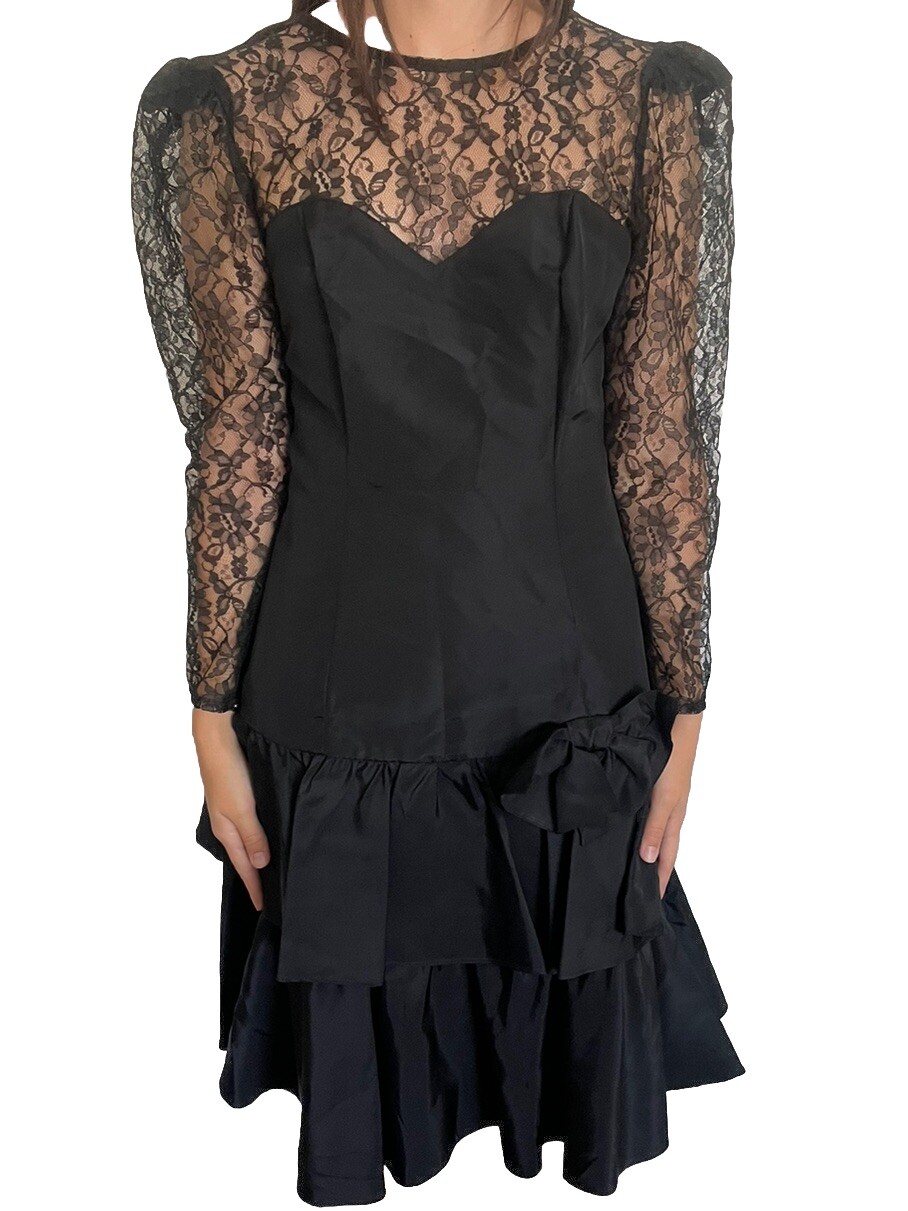 Vtg Joni Blair Of California 80’s-90’s Prom Cocktail Dress Lace Bow Layered Sz 9