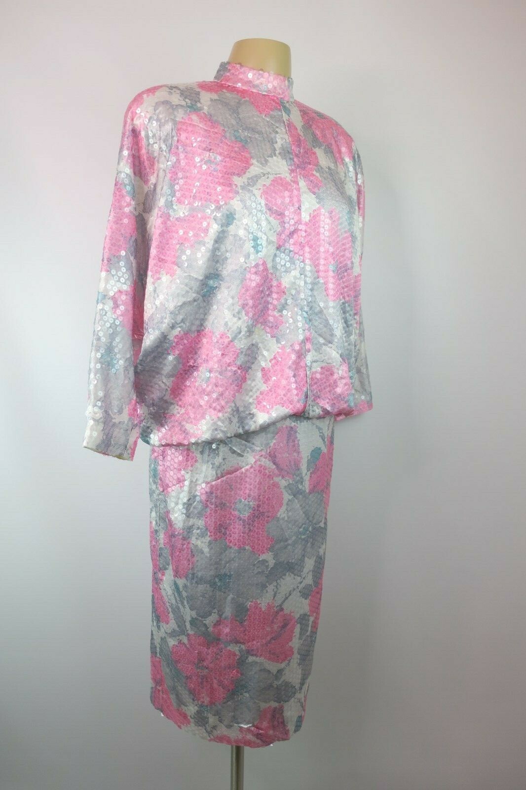 Jarin Ruben Panis 10 Floral Sequin Blouson Moc Neck L/S Gown Dress 70s Vintage
