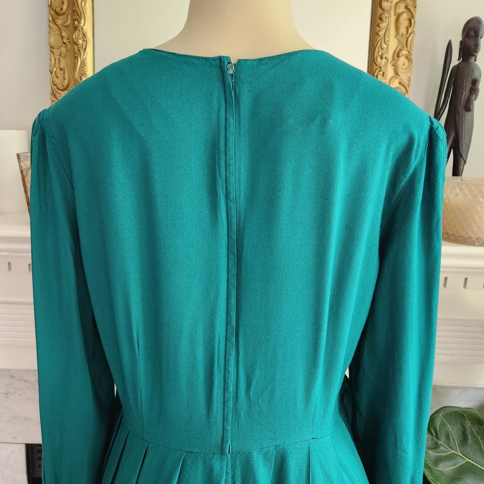 Vintage 90s Green Maxi Dress Sz 12 Boho Floral Embroidered Modest Edwardian