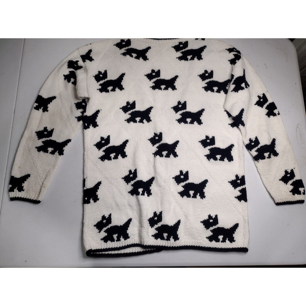 Adrienne Vittadini Scottie Dog Cardigan Sweater Small White Black Cotton Vintage