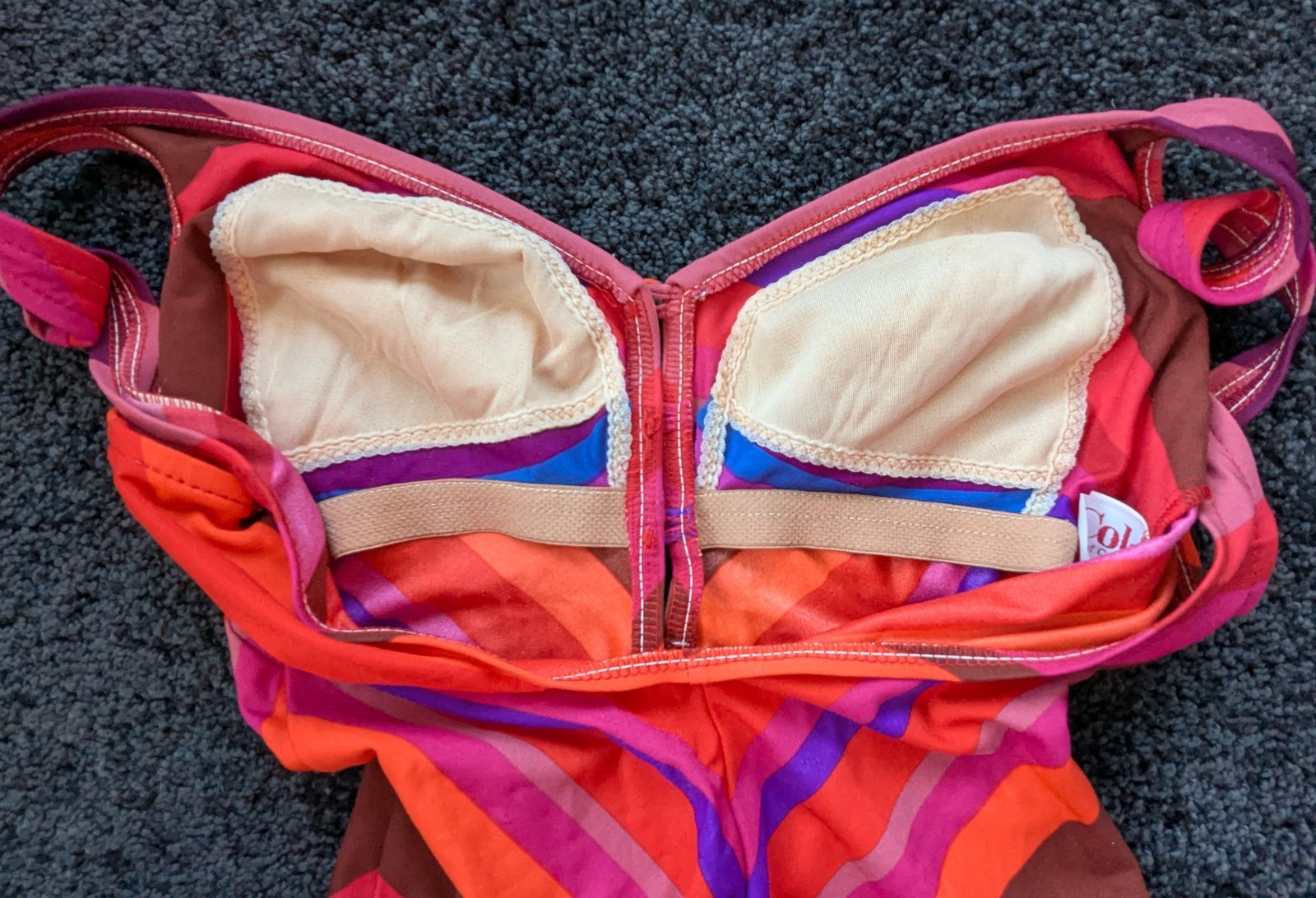 Vtg 80s Cole of Calif Swimsuit One Piece Chevron Stripe Peek-a-boo Button Front
