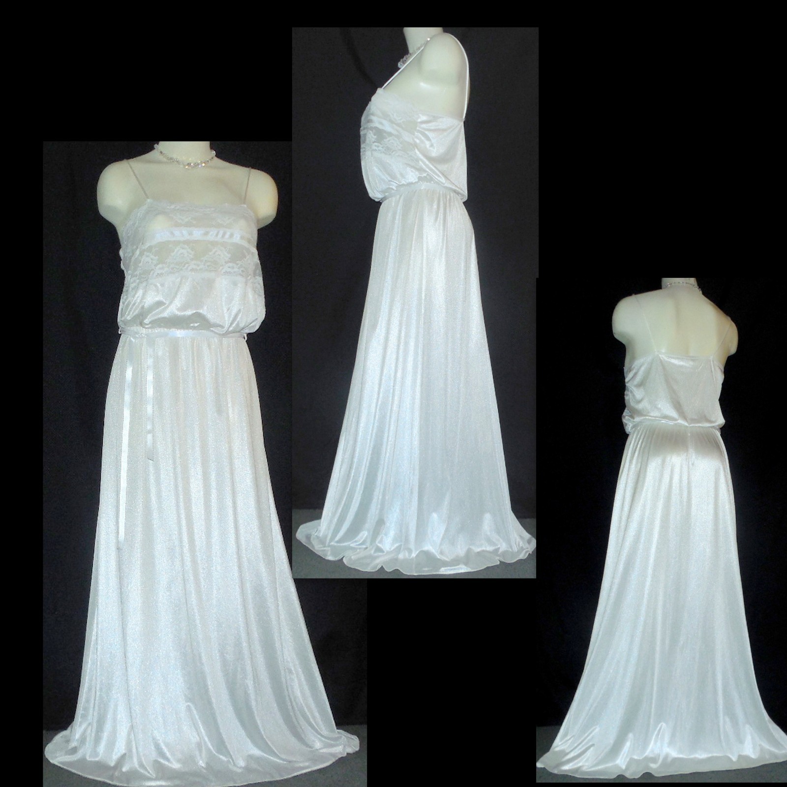 VTG 60’S TEXSHEEN M BUST TO 38″ LONG WHITE LACY FLOOR LENGTH NYLON NIGHTGOWN