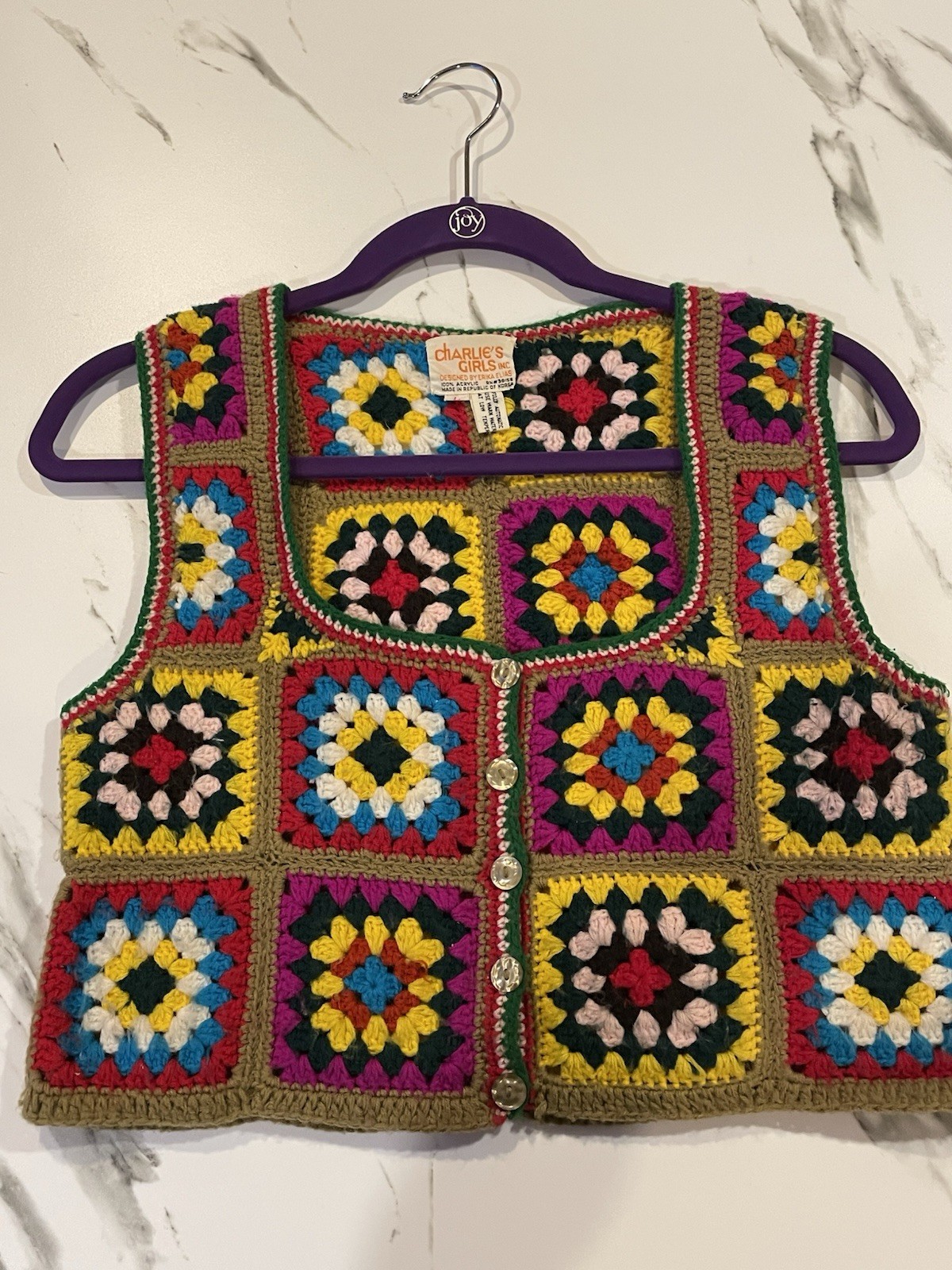 Vintage 70’s Charlie’s Girl Erika Elias Granny Square Crochet Vest Cropped XS