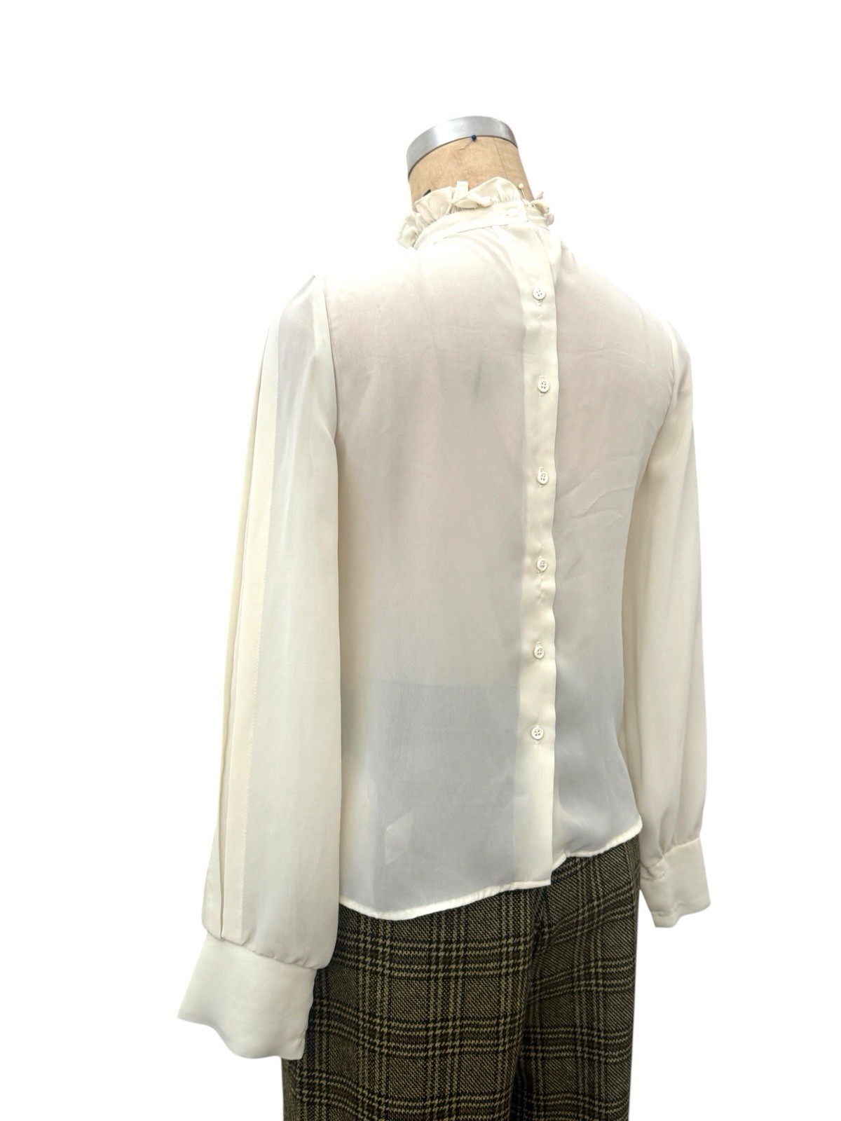 VINTAGE Cream Blouse Womens Size S Pleats Shirt Off White Back Buttons