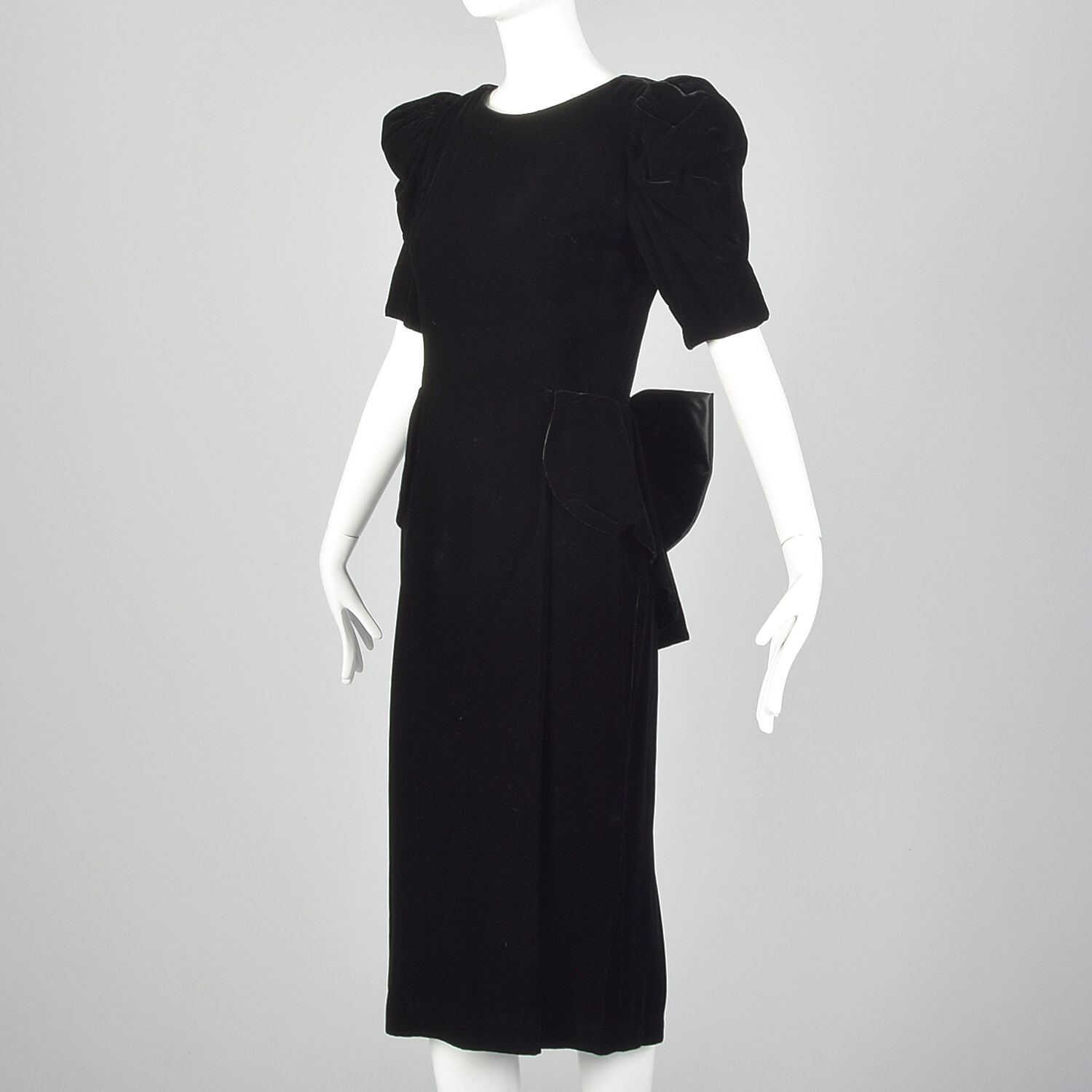 XS 1980s Black Velvet Peplum Dress 80s Does 40s Vintage Puff Sleeve Bow VTG Glam