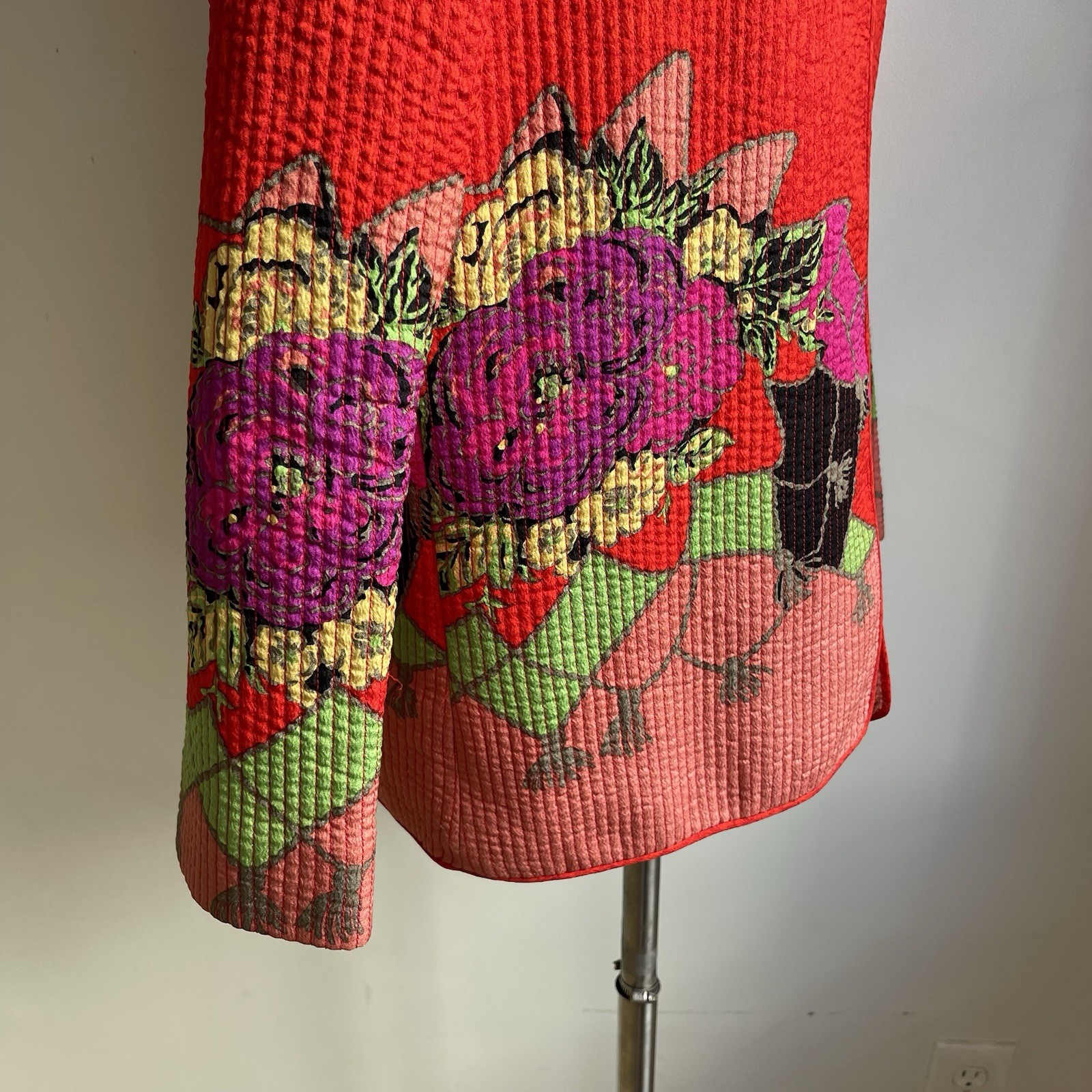 Vintage 1980s Aurora Ruffolo Quilted Jacket Wool Crepe Red Floral Button Medium