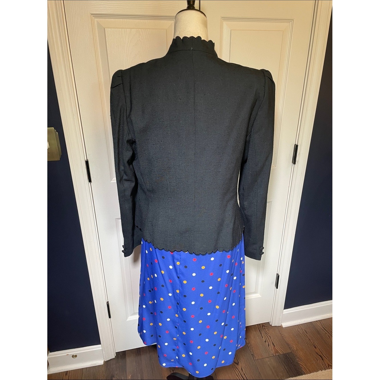 Vintage Sasson Blue Sleeveless Silky Polka Dot 2 Piece Dress & Black Blazer Sz M
