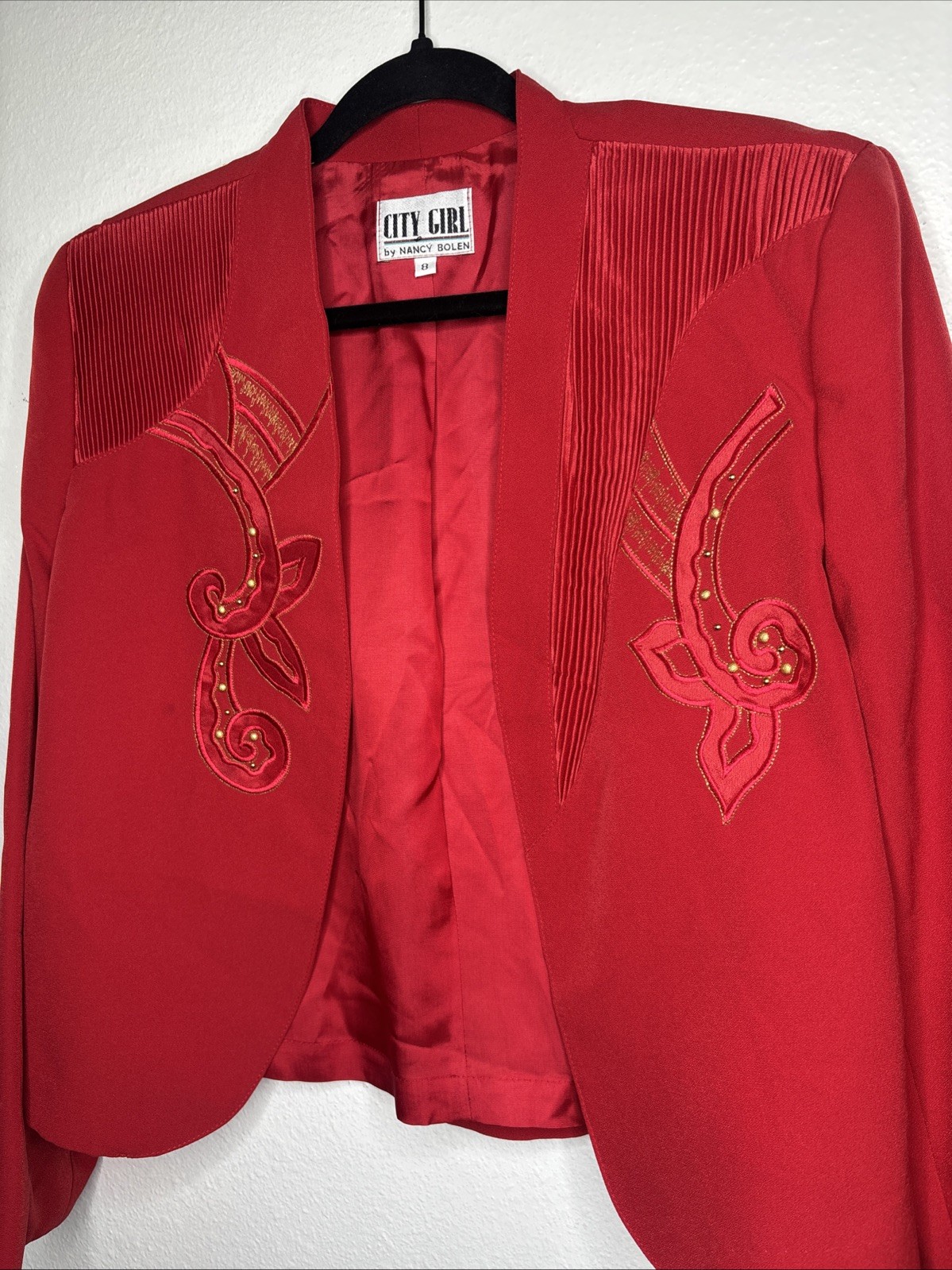 Vtg Nancy Bolen City Girl Embroidered Cropped Blazer Accordion Pleated Sz 8