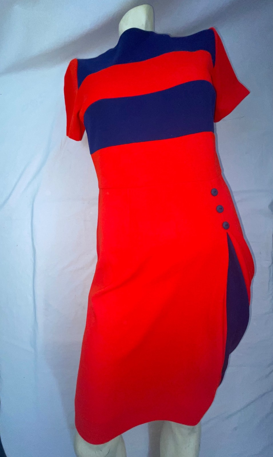 VTG 60S 70S WOMENS S RED BLUE STRIPE ACRYLIC DISCO RETRO GOGO MOD DRESS