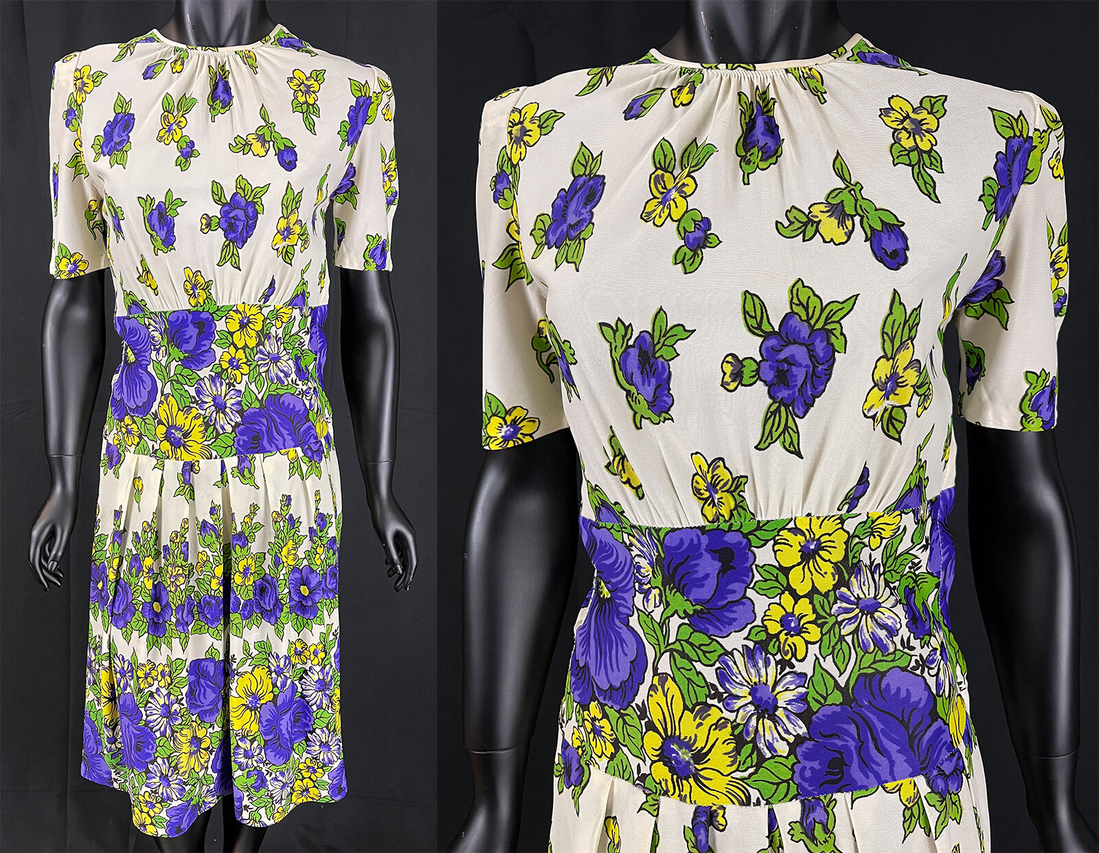 1940s White Rayon Jersey Purple Yellow Flower Print A-line Skirt Swing Dress VTG
