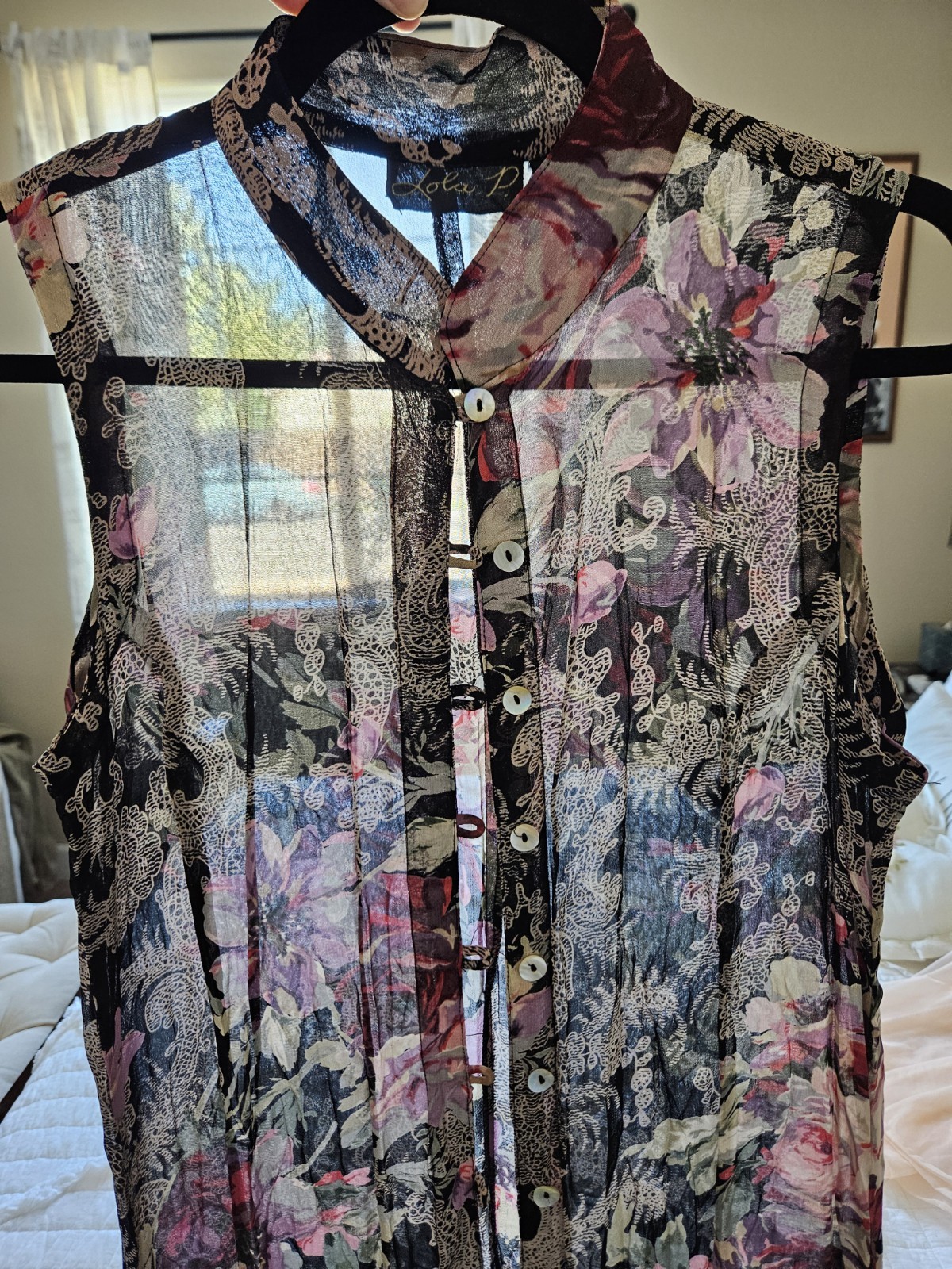 Vtg Lola P. Sheer Asian Ethnic Panel Floral Paisley Cheongsam Qipao Gown Top M