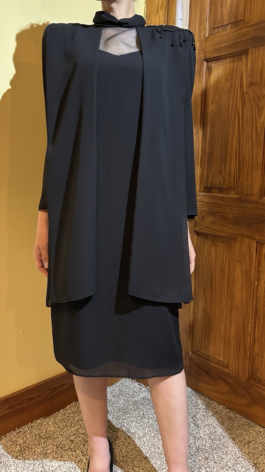 Vintage 80s Black Chiffon Dress With Capulet Beaded Shoulder Size 10 Goth Vampy