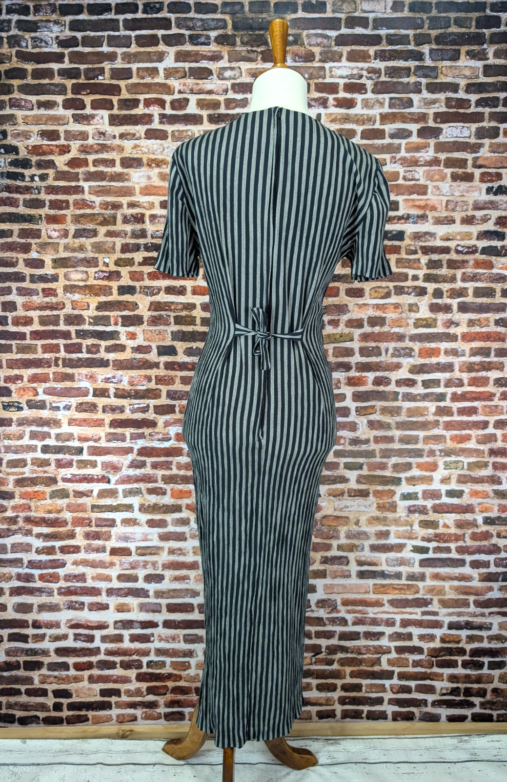 Vintage Long Slit Wiggle Dress 90’s Y2k Striped Button Maxi Size 5 6 Small Gray