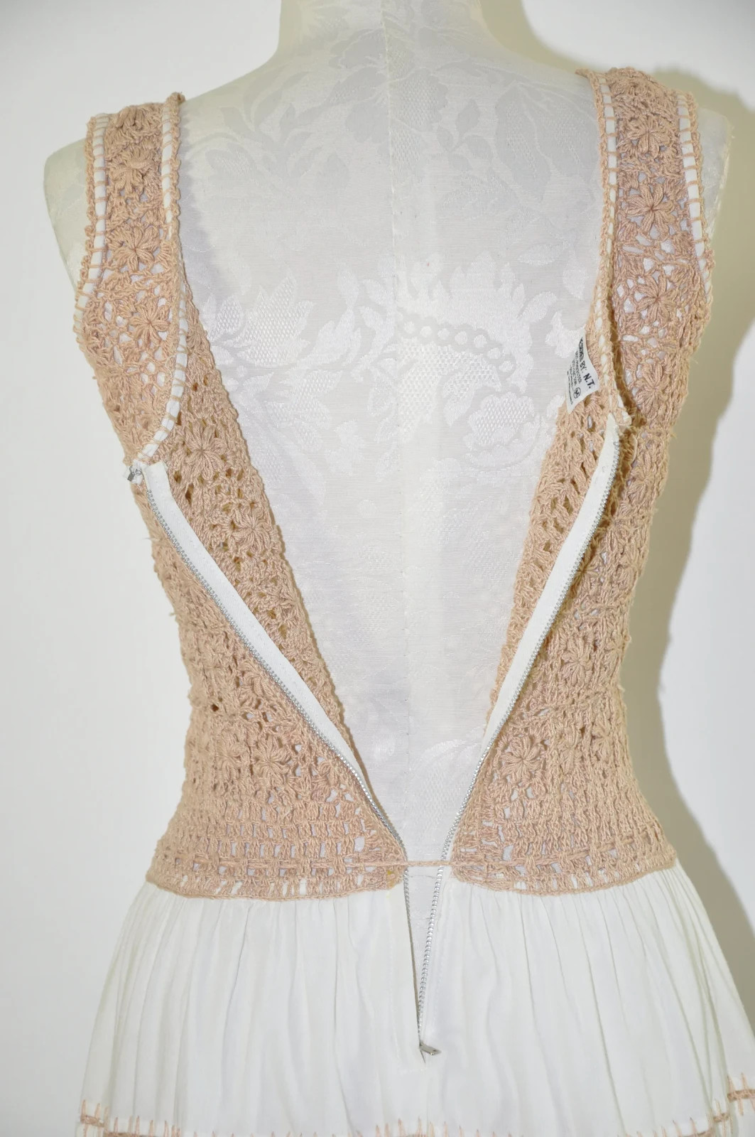60s Beige White Sheer Crochet Knit Strappy Bohemian Peasant Sundress Women S M