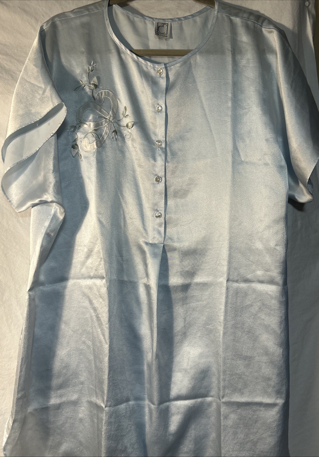 Eve Stillman Blue Satin Vintage 70s Night Shirt With Rosette Size M