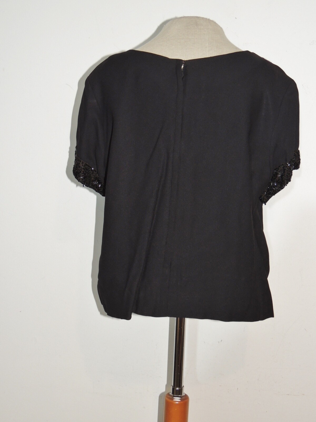 1960’s Black Crepe Blouse / Top w Beading MED – LG