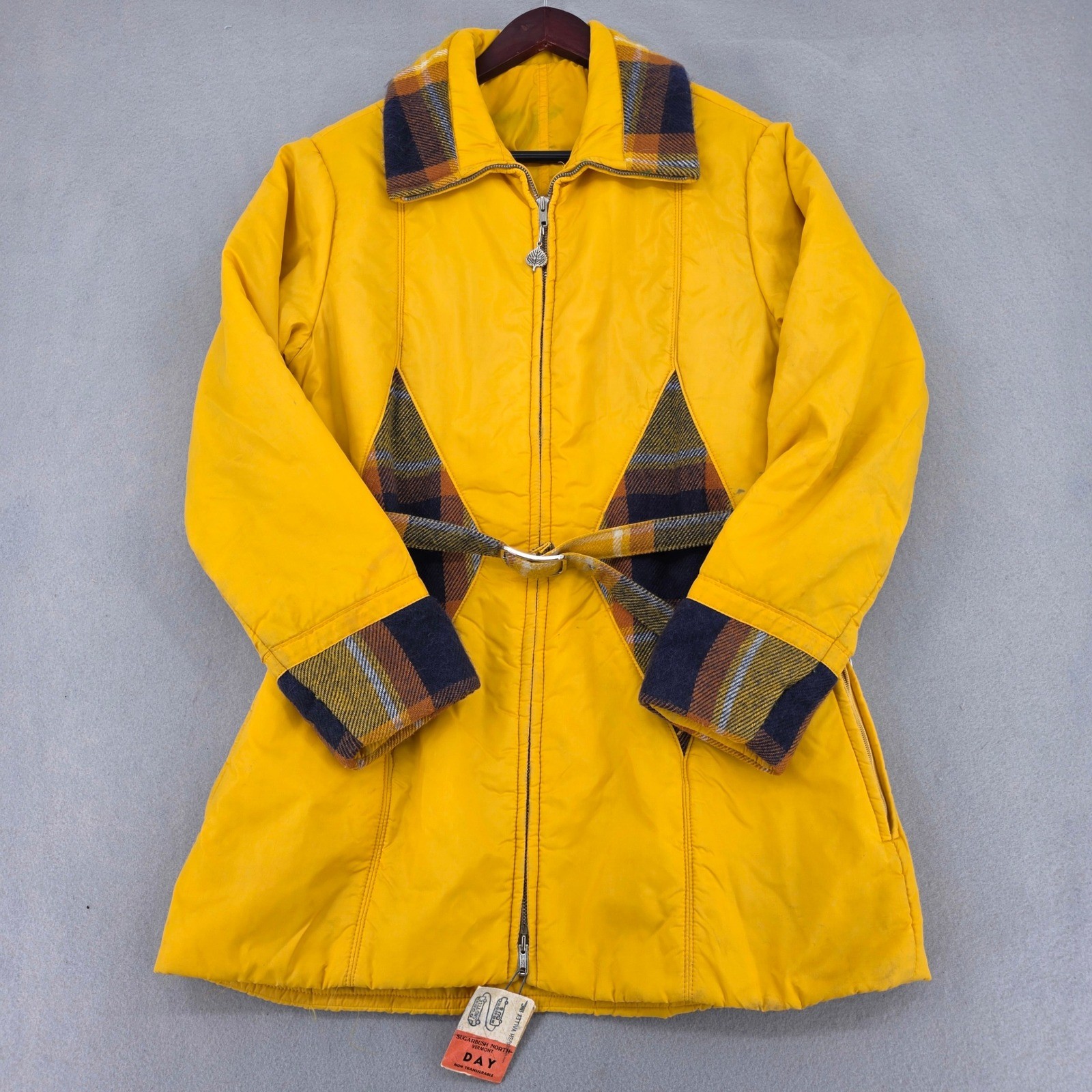 Vintage Aspen Skiwear Yellow Plaid Belted Parka Jacket Hooded 70s Sugarbush Tag