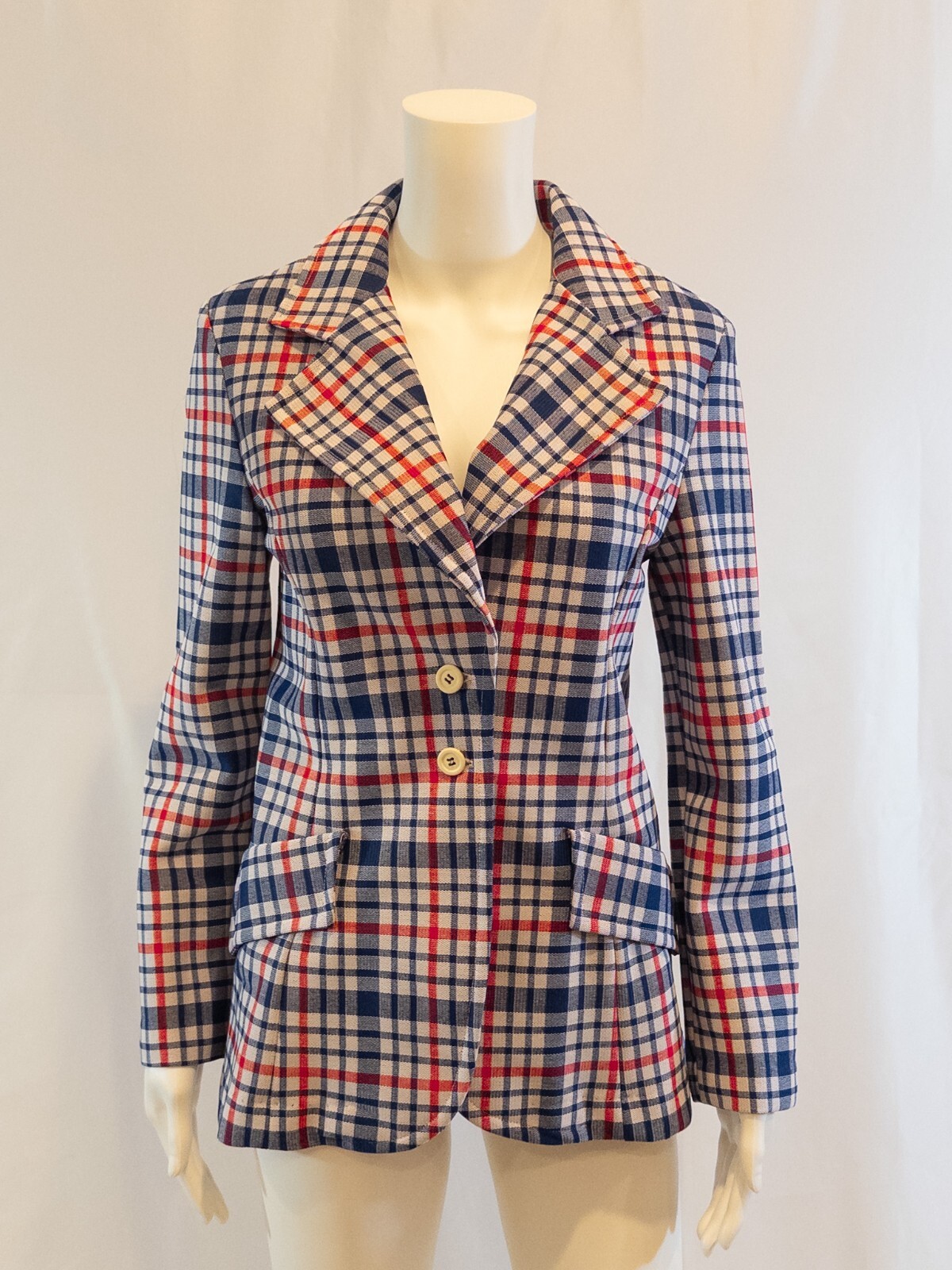 1970s Plaid Double Knit Women’s Skirt Suit by KNIT-INS size 9-10 Red,White,Blue