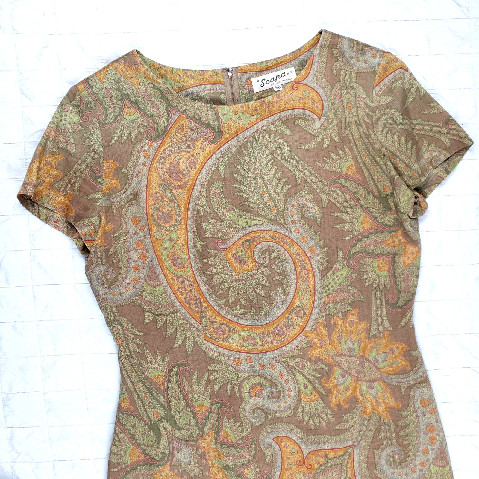 VTG Scapa of Scotland Brown Paisley Sheath dress 70s Secretary Sz SMALL (Tag 38)