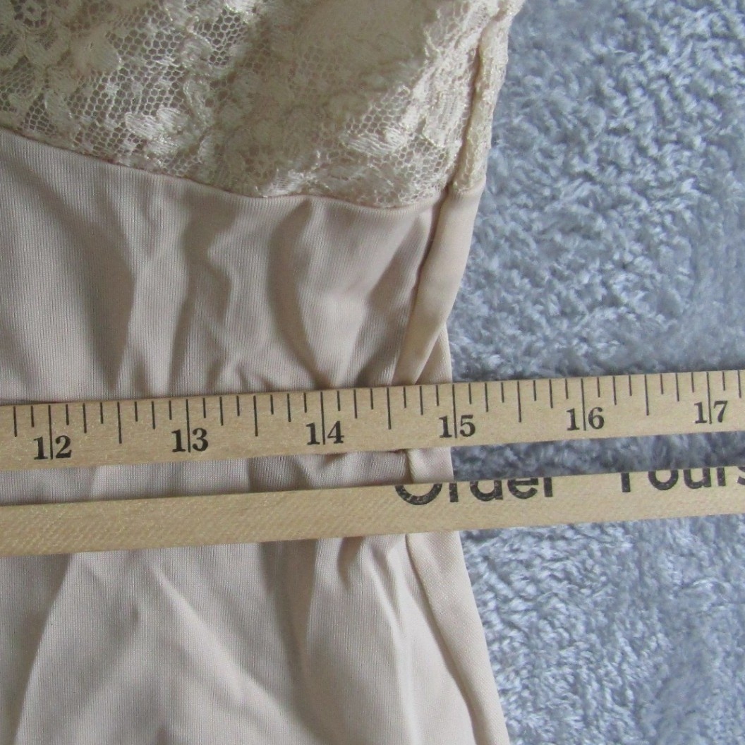 Vintage Beige Lace Trim Full Slip Dress Pleated Ruffle Hem Adjustable Straps