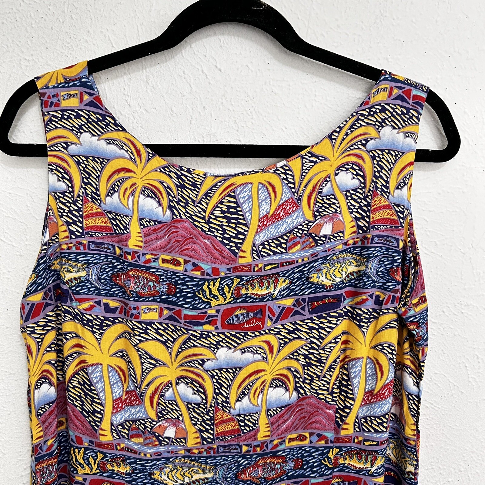 Reyn Spooner Miley Collection VTG Dress Hawaiian Fishes Palm Trees Aloha Size M