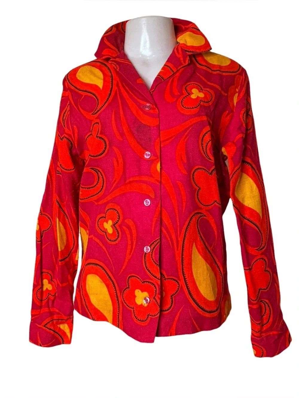 VTG 60s Phil Rose Psychedelic Mod Button Up Blouse Pink Orange Paisley