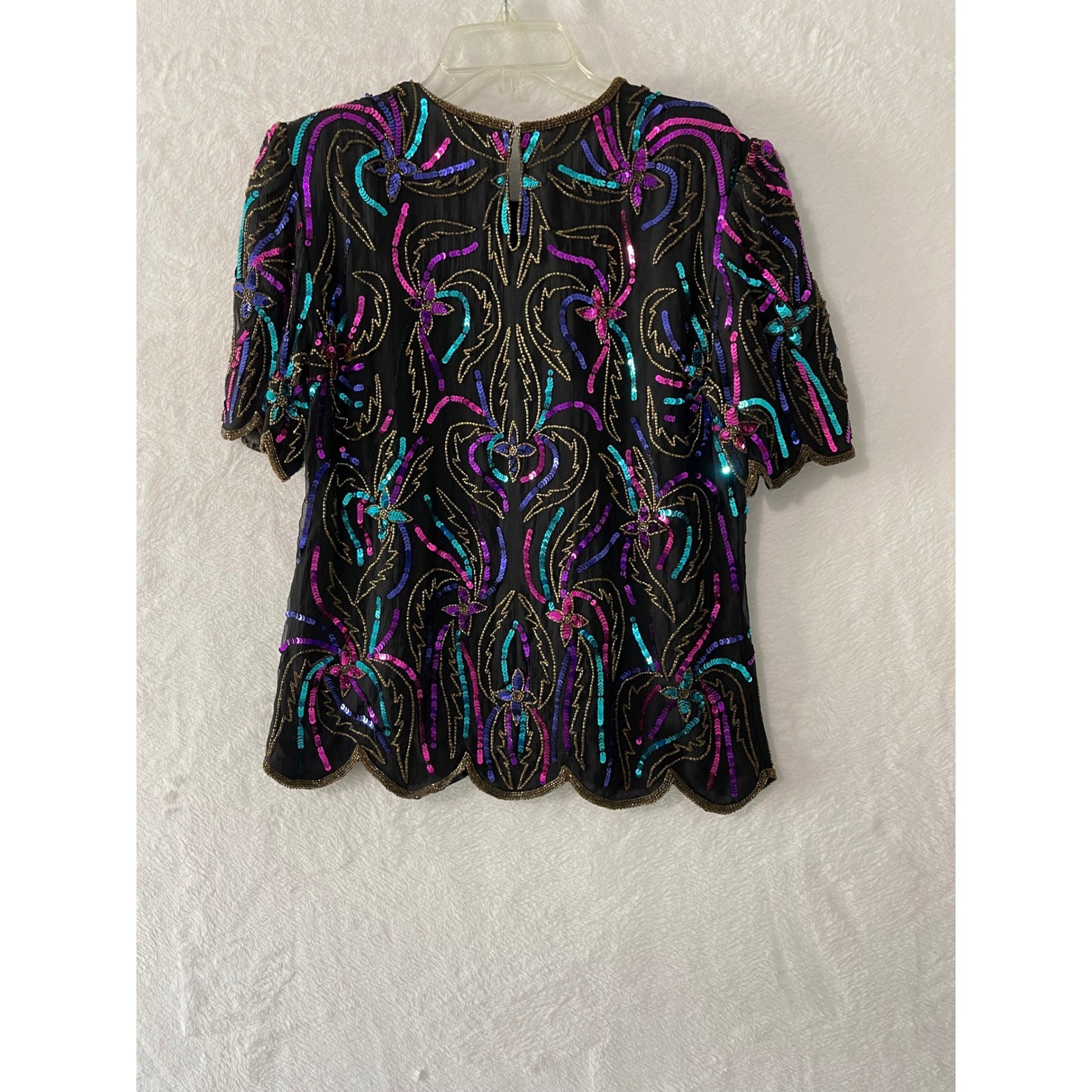 Vtg Scala Vintage Silk Beaded Sequin Blouse Black Teal Floral Scalloped PM