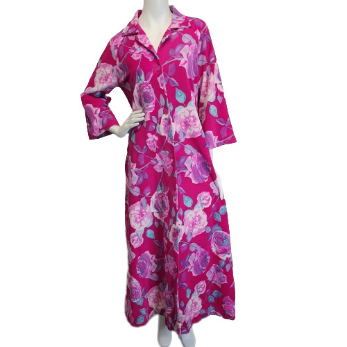Vtg 70s Van Raalte At Home Wear Pink Velour Rose Floral House Coat Robe Fits M