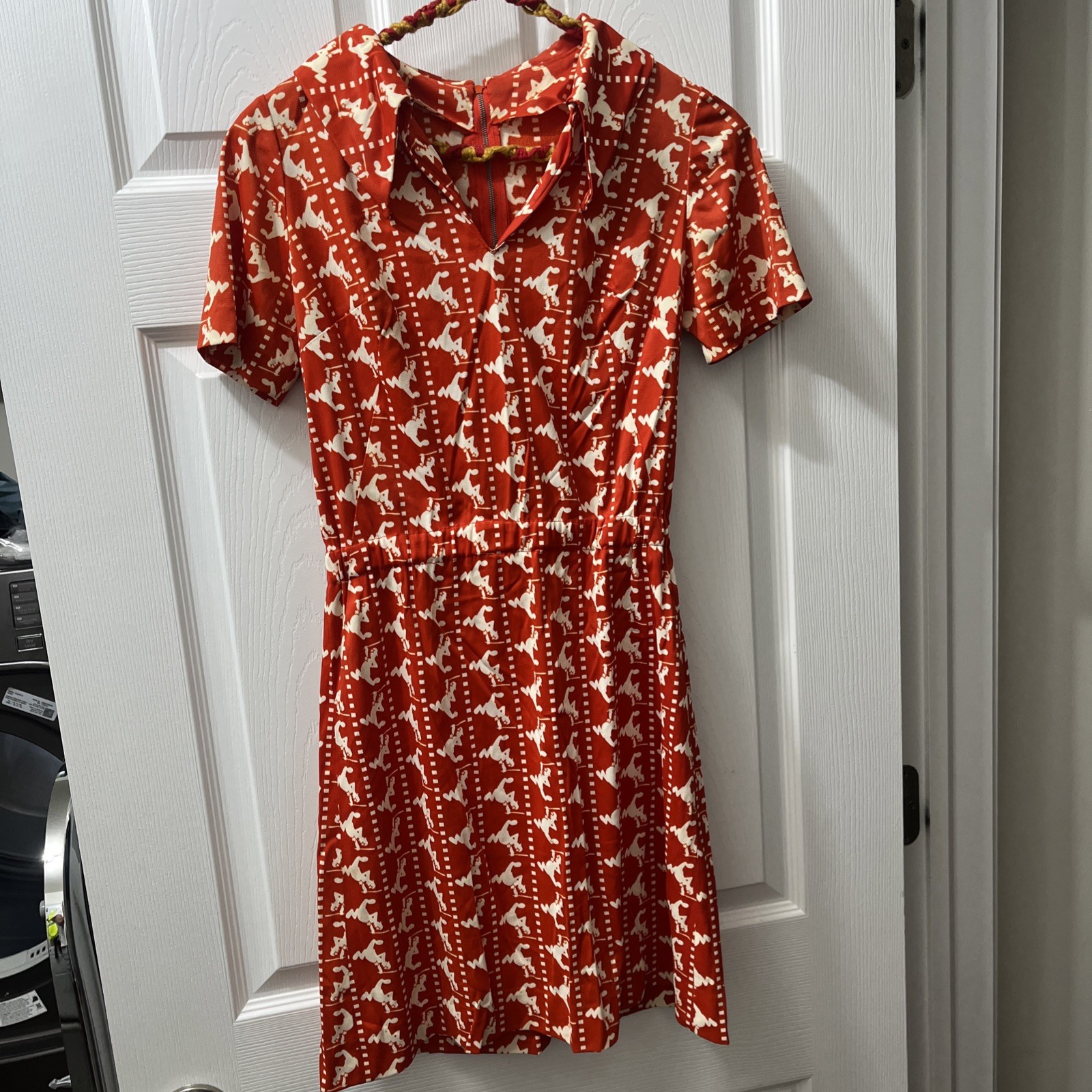 Vintage 1970s Police Novelty Print Dress Orange/Red White Cop Bobby Double Knit