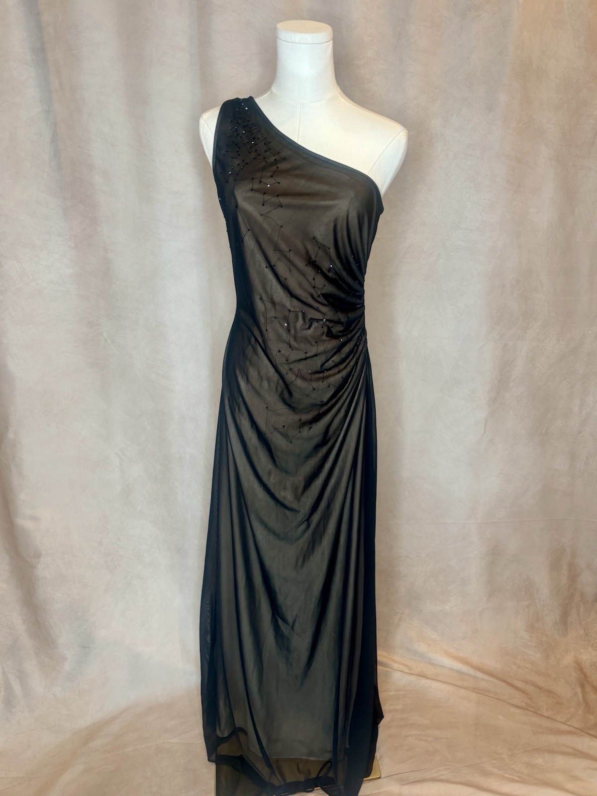 VTG Roberta Black One Shoulder Sheer Overlay Evening Gown Women’s Large Made USA